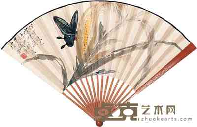 唐云 符铁年 1948年作 彩蝶书法 成扇 